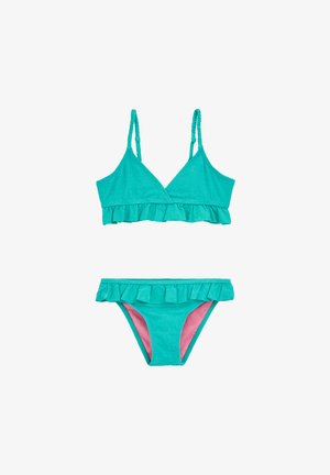 Tyrkysový bikini set s trojúhelníkovým vrchem a volánkovým okrajem, tenkými tkanými ramínky a odpovídajícími řasenými kalhotkami s růžovými akcenty.