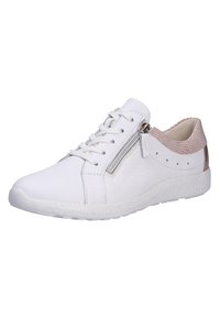 Sneaker bianco in pelle con accenti testurizzati, chiusura con lacci, zip laterale e suola in gomma bianca maculata. Presenta un motivo a serpente rosa sul tallone.