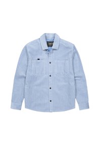 Light blue corduroy shirt with a button-up front, two chest pockets, black buttons, and a classic collar design. Soft, textured fabric.