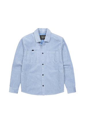 Lichtblauwe corduroy shirt met een knoopsluiting aan de voorkant, twee borstzakken, zwarte knopen en een klassiek kraagontwerp. Zacht, gestructureerd stof.