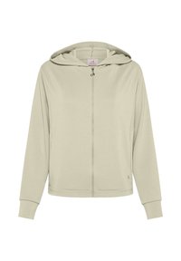 Sudadera con capucha de cremallera en color beige claro, con cierre frontal, capucha y bolsillos laterales. Hecha de tela suave, cuenta con puños acanalados y un pequeño detalle de logo.