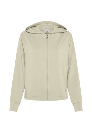 Světlý béžový zip-up mikina s předním zipem, kapucí a bočními kapsami. Vyrobená z měkké tkaniny, s žebrovanými manžetami a malým logem jako akcent.