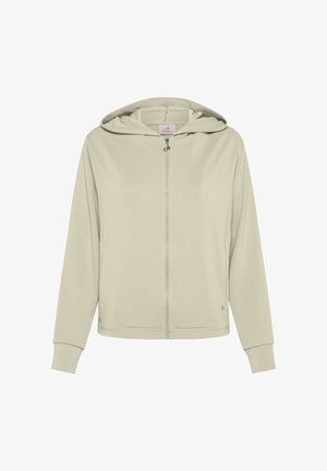 Vaaleanbeige vetoketjullinen huppari, jossa on vetoketju edessä, huppu ja sivutaskut. Valmistettu pehmeästä kankaasta, jossa on resorit hihansuissa ja pieni logotarkenne.