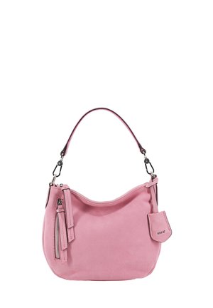 Rosa Wildlederhandtasche mit geschwungener Form, oberem Reißverschluss, kurzem Schulterriemen und einem kleinen abnehmbaren Beutel mit Logo.