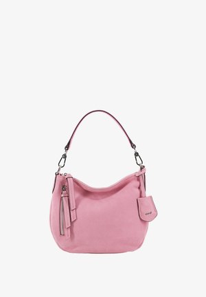 Rosa Wildlederhandtasche mit geschwungener Form, oberem Reißverschluss, kurzem Schulterriemen und einem kleinen abnehmbaren Beutel mit Logo.