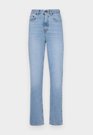 Lyseblå denimjeans med rette ben, høy midje og klassisk fem-lommers stil. Har en jevn tekstur og subtil falming.