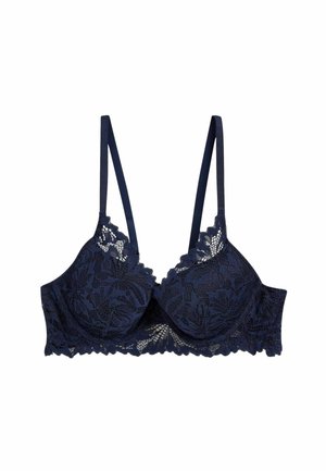 Navy lace bra with underwire cups, floral pattern, adjustable straps, and scalloped edges. Soft texture with a molded design.