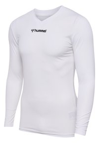 Maglietta sportiva a maniche lunghe di colore bianco, realizzata in tessuto traspirante, con scollatura a V e un logo nero sul petto. Dettagli in superficie testurizzata.