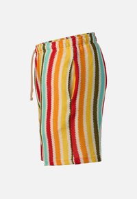 Shorts en maille avec des rayures verticales rouges, jaunes, orange, vertes, blanches et turquoises, et une taille élastique avec un cordon blanc.
