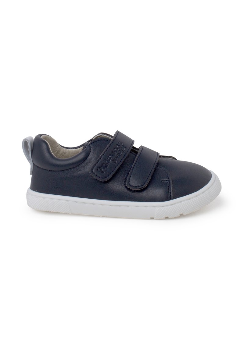 Navy blue leather sneaker with white rubber sole, featuring two Velcro straps and a textured finish. Rear loop for easy wearing.