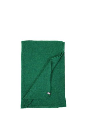 Groene opgevouwen wollen sjaal met een klein stoffen label waarop een logo en rode, witte en blauwe strepen op een witte achtergrond staan.
