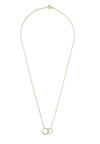 Collier en chaîne dorée avec deux anneaux entrelacés au centre. La chaîne présente un design délicat et texturé avec un fermoir à homard.