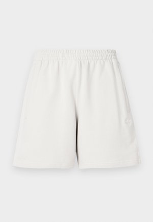 Lys grå treningsshorts med elastisk midjebånd, sidelommer og en liten logo på nedre venstre ben. Myk stofftekstur.