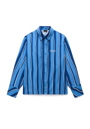 Long-sleeve shirt in various shades of blue with vertical stripes of different widths. Features a pointed collar and left chest embroidery.
