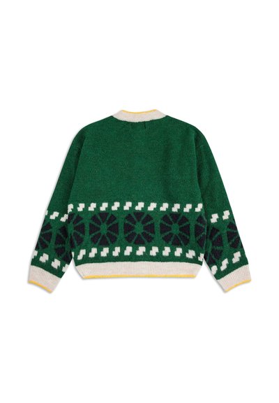 Grüner Strickpullover mit floralen Mustern in Schwarz und Weiß, mit einem cremefarbenen und gelben gerippten Kragen und Saum. Strukturiertes Material.