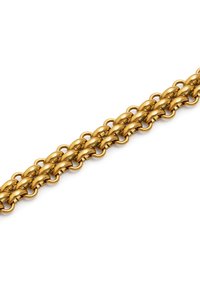 Goldene Metallkette mit ineinandergreifenden Gliedern, glatten Oberflächen und einem gleichmäßigen, polierten Finish. Verfügt über abgerundete Formen und einen metallischen Glanz.