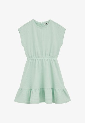 Hellgrünes, strukturiertes Kurzarmkleid mit elastischem Taillenbund und gerafftem Saum, Rundhalsausschnitt und Knopfverschluss hinten.