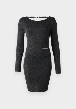 Long-sleeved, bodycon dress in black ribbed fabric with metallic threads. Features a scoop neck and a logo detail near the hem.