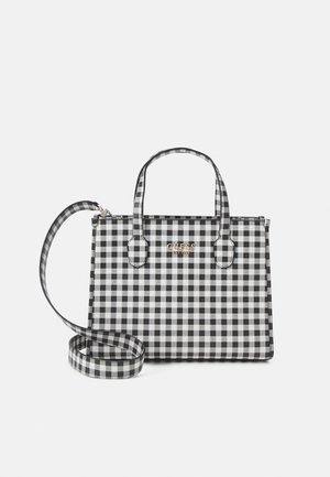 Black and white gingham pattern handbag with two handles and a detachable shoulder strap. Features a gold logo accent on the front.