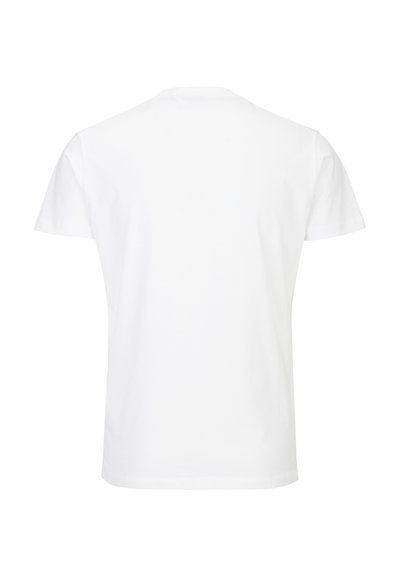 Weißes, kurzärmeliges T-Shirt aus Baumwolle. Klassischer Rundhalsausschnitt, glatte Textur, schlichtes Rückendesign ohne Muster oder Verzierungen.