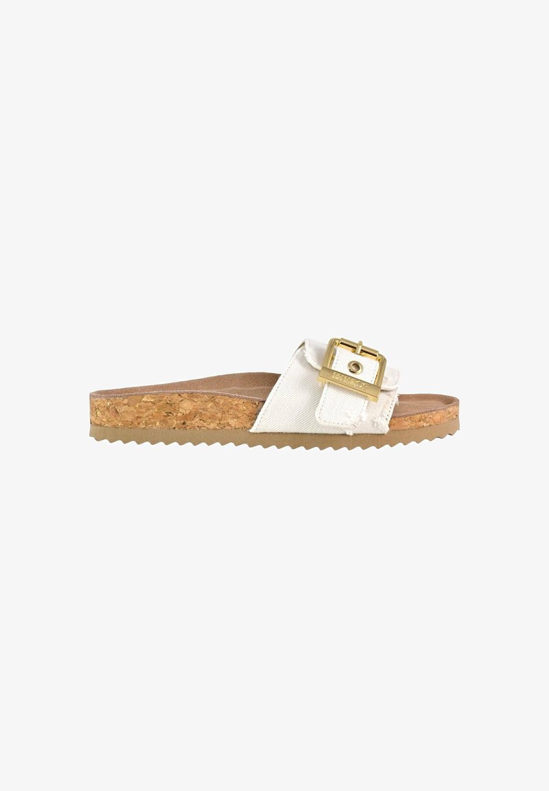 Sandalo bianco con una larga cintura e fibbia dorata. Sottopiede in sughero con suola in gomma rigata per una maggiore aderenza. Design casual e semplice.