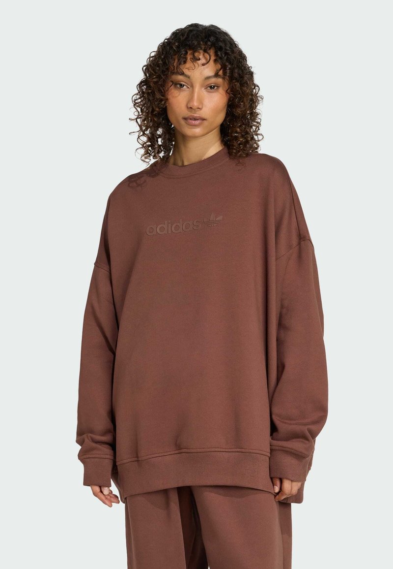Hnědá oversized mikina vyrobená z měkkého materiálu, s kulatým výstřihem a vyšitým logem na prsou. Dlouhé rukávy s žebrovanými manžetami.