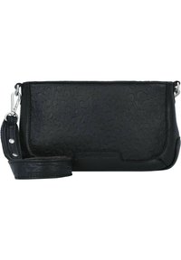 Borsa a tracolla in pelle nera con texture impressionata, una tracolla removibile e dettagli in metallo argentato. Forma rettangolare compatta.