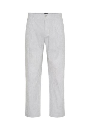 Lichtgrijze gestreepte broek met een rechte snit. Gemaakt van textiel, met een sluiting aan de voorkant met knoop en twee zijzakken.