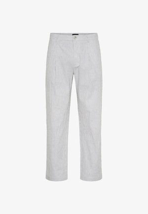 Pantaloni cu dungi gri deschis, cu croială dreaptă. Fabricati din material textil, cu închidere frontală cu buton și două buzunare laterale.