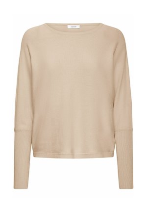 Haut beige à manches longues avec un col rond. Matériau doux et léger avec des accents côtelés aux manches et à l'ourlet. Design simple et décontracté.