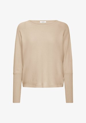 Beige Langarmshirt mit rundem Ausschnitt. Weicher, leichter Stoff mit gerippten Akzenten an den Ärmeln und dem Saum. Einfaches, lässiges Design.