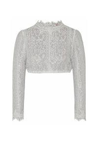 Witte kanten crop top met lange mouwen, hoge hals en ingewikkelde bloemenpatronen; heeft gegolfde randen en een semi-transparante textuur.