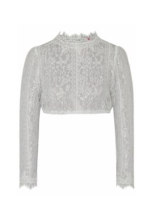 Weißes Spitzen-Crop-Top mit langen Ärmeln, hohem Hals und komplizierten Blumenmustern; hat gewelltes Design und eine halbtransparente Textur.
