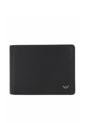 Portefeuille bifold en cuir noir avec couture visible et un petit emblème argenté à cornes dans le coin inférieur droit.