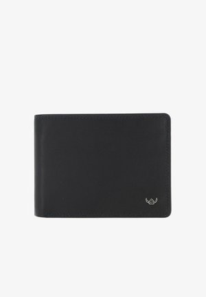 Cartera bifold de cuero negro con costuras visibles y un pequeño emblema plateado con cuernos en la esquina inferior derecha.
