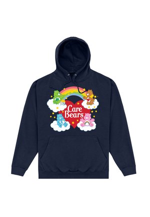 Granatowa bluza z kapturem z kolorową grafiką przedstawiającą misie Care Bears, tęcze i chmury, przednia kieszeń kangurka oraz regulowany kaptur z sznurkiem.