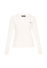 Witte kabelgebreide cardigan met lange mouwen, voorzijde met knopen en een kleine marine-ancre borduursel op de linkerkant van de borst. Zachte textuur.