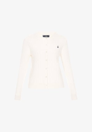 Hvid kabelstrikket cardigan med lange ærmer, frontknapper og en lille marineblå ankerbroderi på venstre bryst. Blød tekstur.