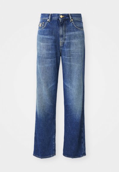 High-waisted straight-leg blue denim jeans with slight fade detailing and gold button closure, displayed on a white background.