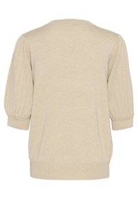 Beige knit sweater with a round neckline, short puffed sleeves, and ribbed accents at the cuffs and hem. Smooth texture, casual design.
