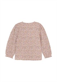 Blumenbluse mit langen Ärmeln, strukturiertem rosa Stoff, verziert mit kleinen gelben und lila Blumen, gerafftem Ausschnitt und elastischen Manschetten.