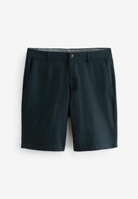 Marineblaue Shorts aus leichtem Stoff, mit zwei Seitentaschen, einem Knopfverschluss und sauber genähtem Saum.