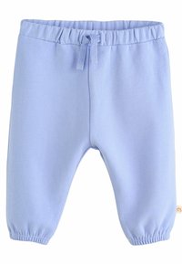 Ljusblå sweatpants tillverkade av mjukt material, med ett elastiskt midjeband med snörning och elastiska muddar vid benen.