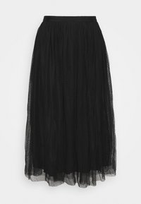 Jupe midi noire avec tissu en tulle transparent superposé présentant un motif subtil à pois et une ceinture élastique.