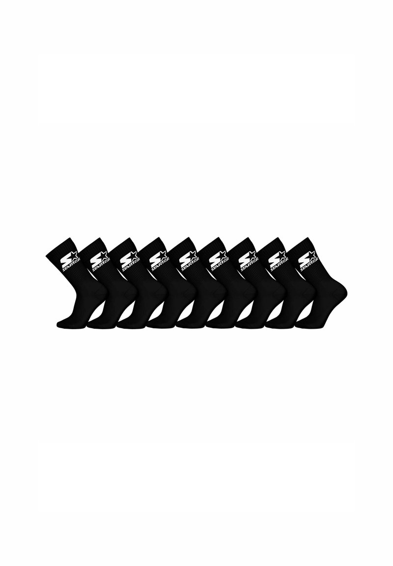 Dieci paia di calze nere a tubo con il logo bianco "Starter" stampato vicino alla parte superiore, disposte affiancate su uno sfondo bianco.