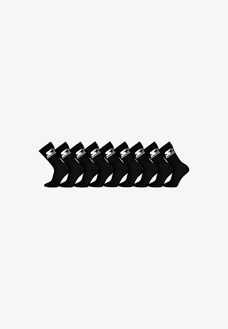 Dieci paia di calze nere a tubo con il logo bianco "Starter" stampato vicino alla parte superiore, disposte affiancate su uno sfondo bianco.