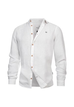 Hvid langærmet linned skjorte med knapper i brun og lille sort broderet logo på venstre bryst.