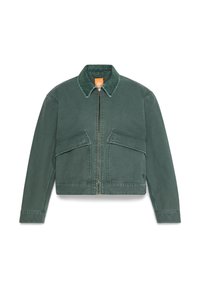 Groene spijkerjack met een kraag, ritsluiting, twee vóórzakken en een cropped ontwerp. Glad textuur en minimalistische stijl.