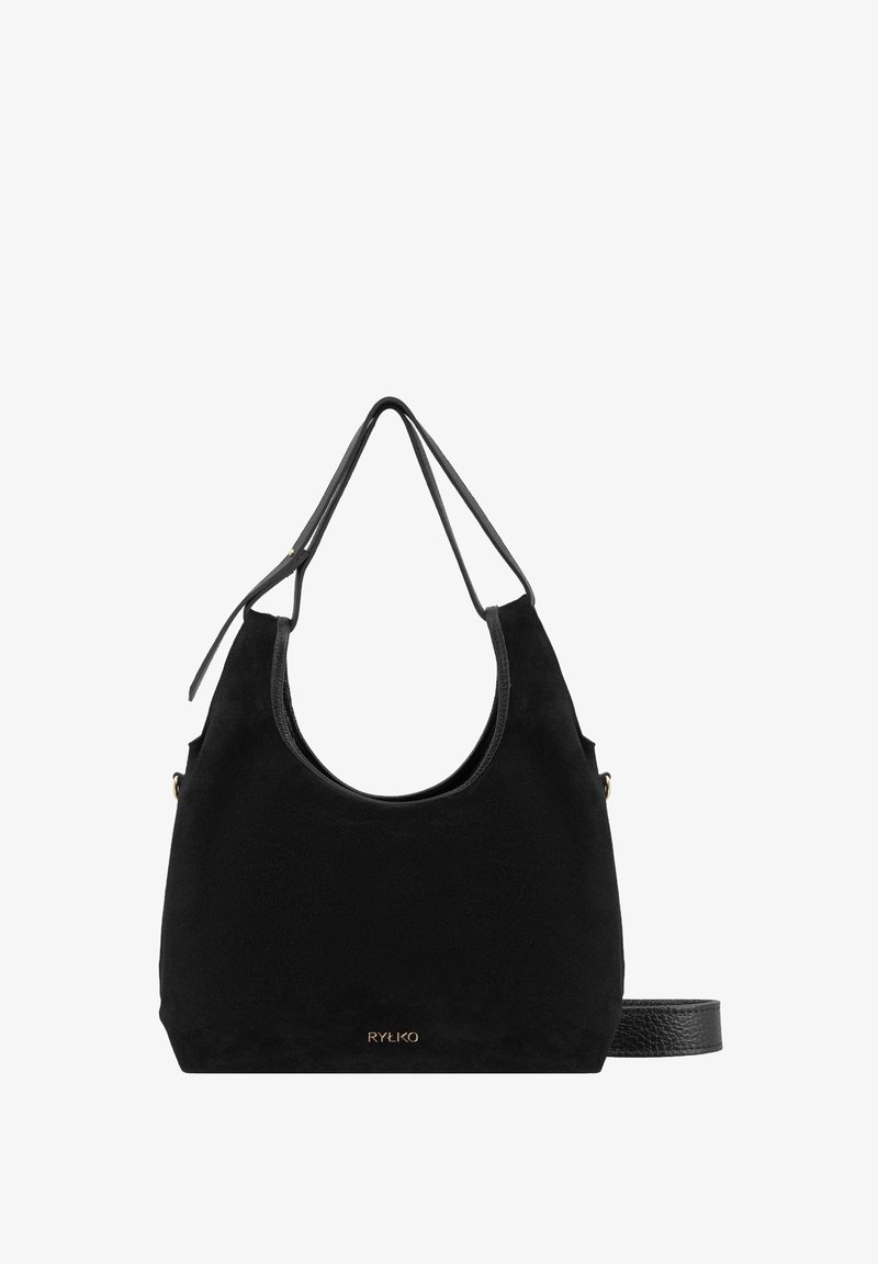 Sac à main style seau noir avec deux fines bretelles et logo doré "RYŁKO" sur le devant, avec une bandoulière longue détachable.