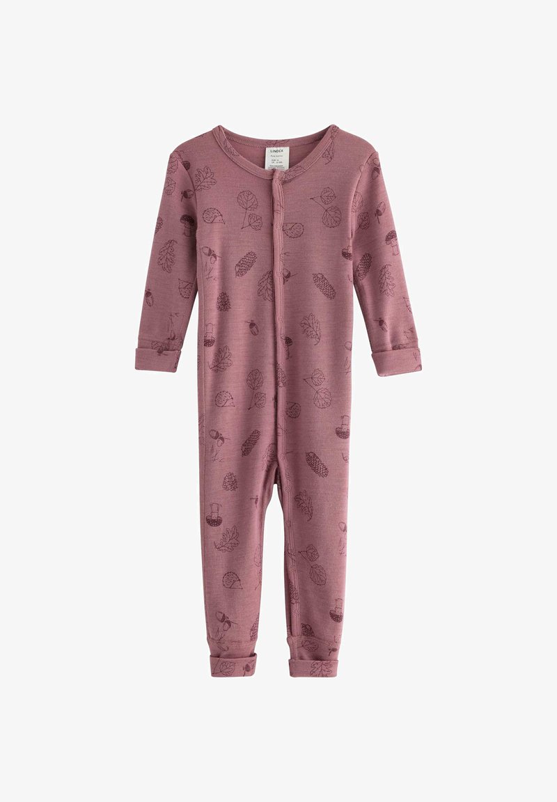 Langärmliger Einteiler aus weichem rosa Stoff, mit einem naturinspirierten Druck von Blättern, Eicheln und Tannenzapfen. Druckknopfverschluss vorne und an den Bündchen.
